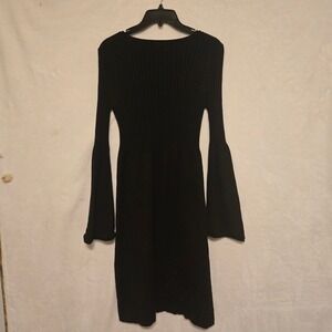 Calvin Klein Black Ribbed Knit V-Neck Bell Sleeve Sweater Dress